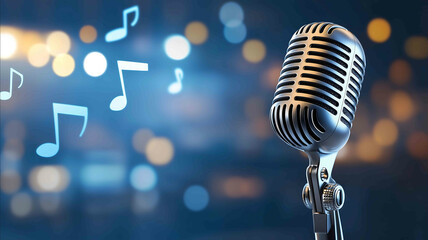 Minimalist design of a birthday song concept with a glowing microphone sheet music notes and vibrant background