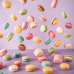 Obraz premium Colorful Macarons Falling on Lavender Background