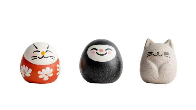 Trio of Decorative Figurines Featuring Unique Designs and Emotions on Transparent Background