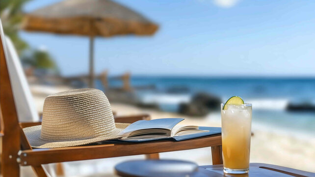 A closeup of a beach chair with a summer hat book and cold drink resting on it deep blue ocean waves in the background