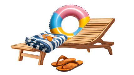 Lounge chair offers towels and summer vacation gear, PNG, created with Generative AI