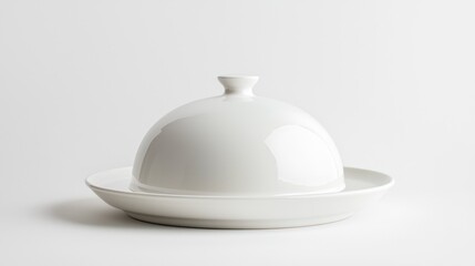 Fototapeta premium Minimalist white serving cloche with matte texture above plate on white background.