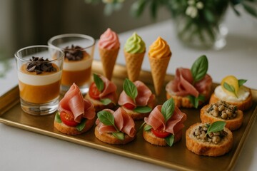 A close-up shot of an elegant, gourmet catering tray filled with luxurious finger foods.