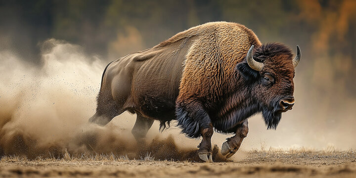 bison side view running raising dust from the ground