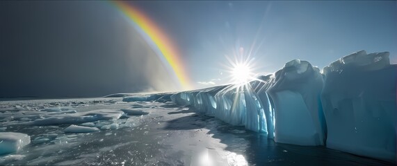 Brilliant crystalline ice catching sunlight and scattering rainbow prismatic light waves. Extremely detailed high resolution illustration.