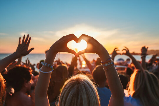 Cheering crowd of young people at beach music festival during sunset with hands forming heart shape