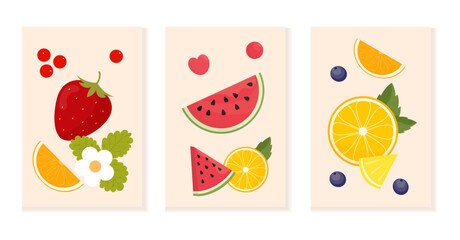 Set of citrus fruits abstract posters. Art print with hand drawn lemon, orange, watermelon, strawberry, leaves and berries. Vector illustration for card, banner, menu.