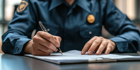 customs officer in uniform signs documents at desk