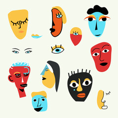 collection of abstract memphis style faces and characters, surreal shapes, bold outlines, quirky and artistic, vector flat illustration on white backgroun