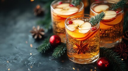 Festive  cider cocktails, garnished with cranberries and spices.