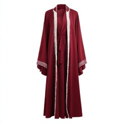 Burgundy abaya with white pearl embellishments on a white backdrop