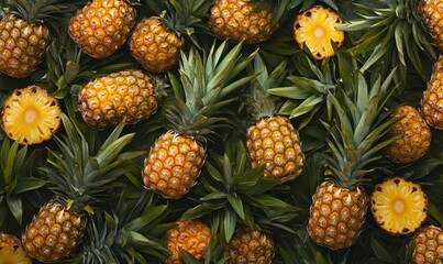Fototapeta premium Fresh Pineapples on Green Background Ideal for Culinary Themes