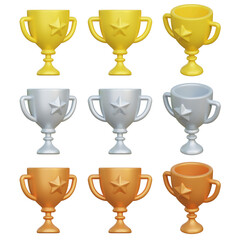 Gold, Silver, Bronze Trophy 3 Types 3D Icon