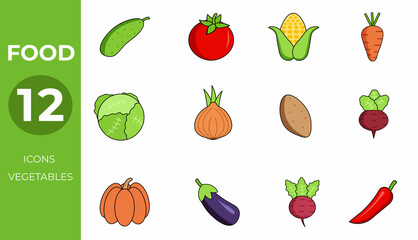 Set of 12 vegetable icons on white background. Vector illustration