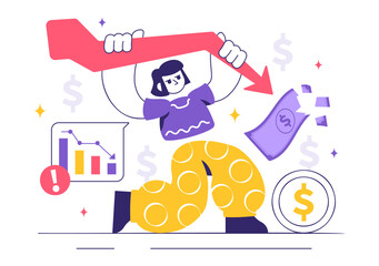 Financial Crisis Vector Illustration featuring concepts of Bankruptcy, Economic Collapse, and Cost Reduction with a Downward Arrow in a Background