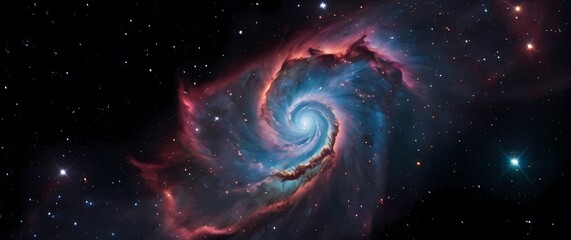 Bright cosmic nebulae swirling with glowing star clusters set against deep black galactic backgrounds. Extremely detailed high resolution illustration.