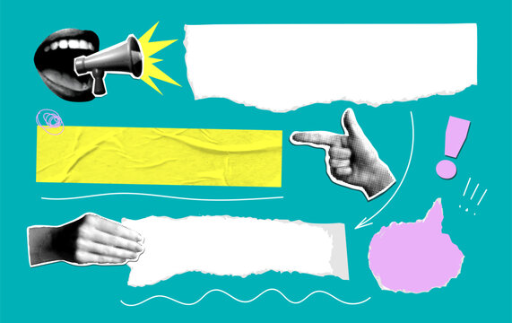 Modern collage with halftone design elements and text boxes. Torn paper. Speech bubbles. Screaming mouth with megaphone. Messaging, creative chat. Halftone body parts, pointing hand