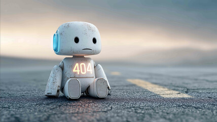 A broken robot sitting alone on a digital road lost expression glowing 404 on its chest minimal futuristic background high resolution no text no logos centered composition