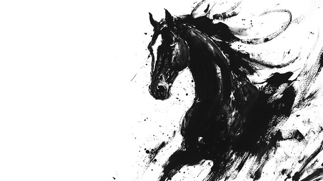 Black horse galloping in a dynamic pose. Traditional Chinese ink painting on white background. Year of the horse, symbol of the 2026 year.