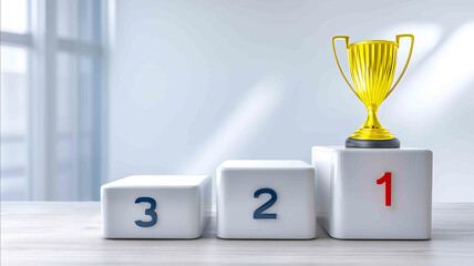 3D render of modern podium steps numbered 1 2 3 with shining gold award on top clean white background no branding stock image quality