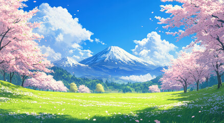 Obraz premium Serene landscape featuring majestic mountain surrounded by cherry blossom trees full bloom, bright blue sky. scene evokes