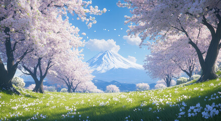 Serene landscape featuring cherry blossom trees full bloom, with Mount Fuji background clear blue sky. scene evokes sense