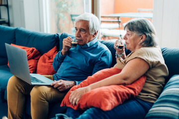 Obraz premium Elderly couple enjoying coffee while using laptop on comfortable sofa at home