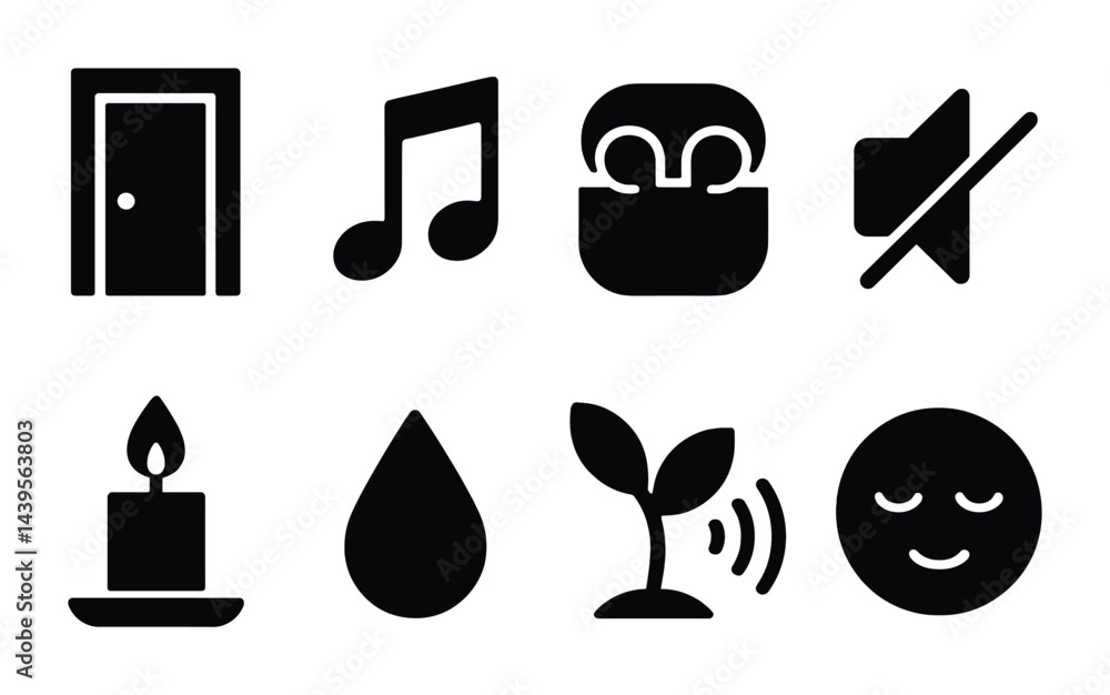 Poster essential solid icons set – minimalistic black filled symbols for web and app design: door, music no