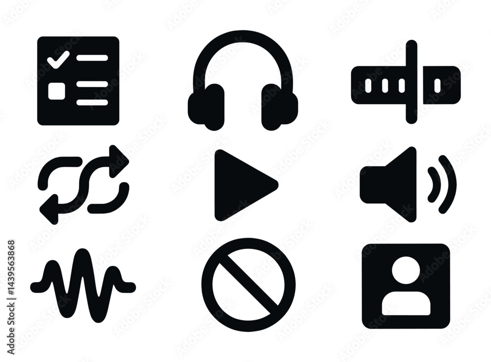 Aufkleber music and multimedia solid icons set – filled style audio, playback, and user interface symbols for 