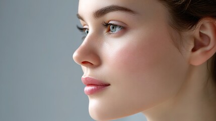 Naklejka premium Young woman with flawless skin in serene spa moment, embodying clean beauty and natural radiance 