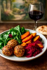 A beautifully arranged plate of vibrant vegetarian food, featuring quinoa balls, fresh leafy greens, roasted vegetables, and a side of tangy beetroot salad.