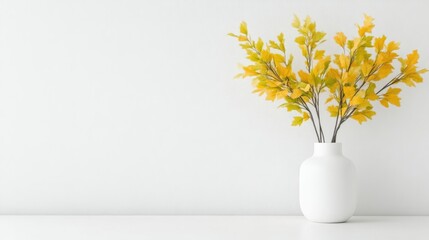 A white ceramic vase with vibrant yellow flowers on a minimalist white shelf, simple and elegant home decor, and bright and cheerful composition.