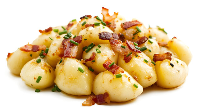 A pile of potato and bacon with parsley on top. The bacon is crispy and the potatoes are cooked