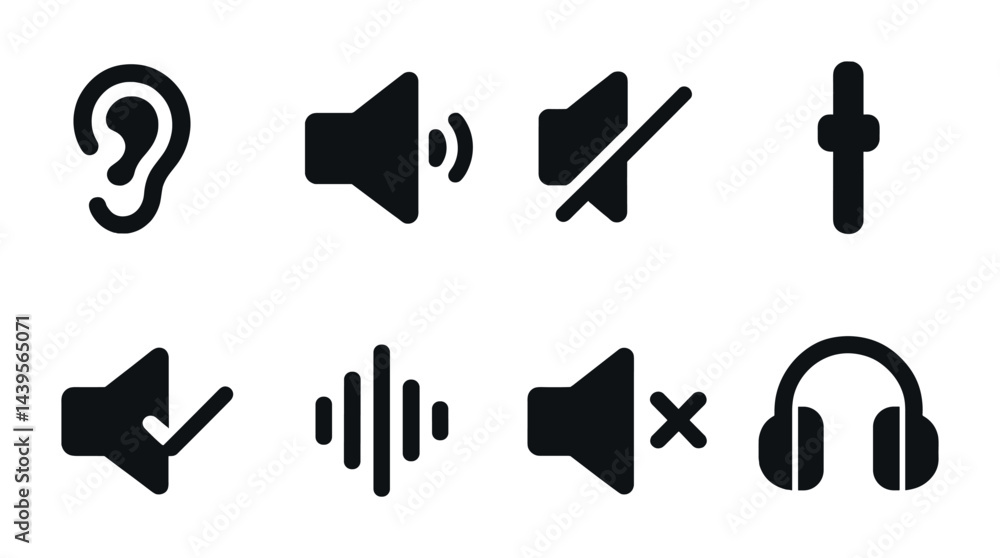 Poster audio and sound control icons set – solid style tools for media, sound management, and audio editing