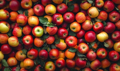 Fresh Red and Yellow Apples with Green Leaves on Rustic Background