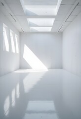 Obraz premium Empty room with pure white matte walls and glossy white epoxy flooring flooded with daylight from ceiling above