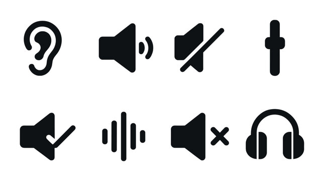 Audio and sound control icons set – solid style tools for media, sound management, and audio editing: ear, speaker, mute, volume slider, check, equalizer, cancel, headphones.