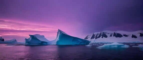 Antarctic glaciers tinted violet and pink glowing softly under twilight sky over frozen seas. Extremely detailed high resolution illustration.
