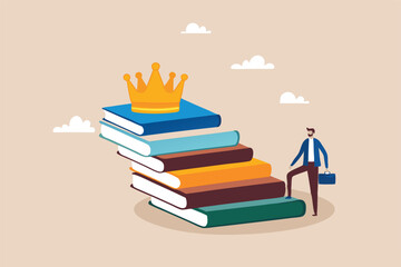 Education or knowledge steps to success, learning or study for skill development to achieve business success concept, businessman step up on stack of books as staircase to achieve crown at the top.