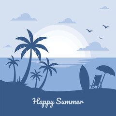 Tropical Beach Sunset Background with Palm Trees, Surfboard, and Chair – Happy Summer Vacation Flat Vector Illustration