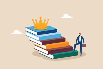 Education or knowledge steps to success, learning or study for skill development to achieve business success concept, businessman step up on stack of books as staircase to achieve crown at the top.