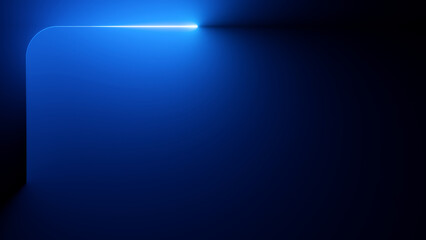 Abstract minimalist linear neon frame with rounded corners against the blue background. Bright...