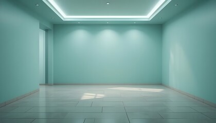 A quiet large empty room with pastel cyan walls, light stone tile floors and soft diffused ambient lighting effect