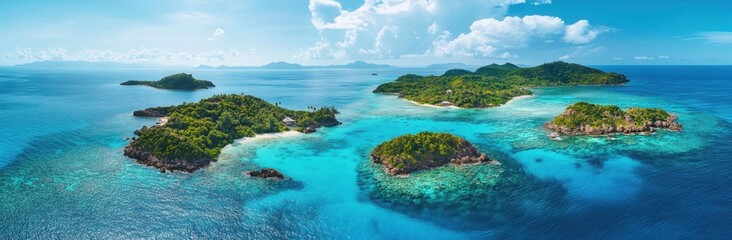 Fototapeta premium Aerial View of Tropical Islands Surrounded by Clear Blue Waters and Lush Green Vegetation Under a Vibrant Sky with Fluffy White Clouds