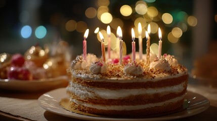 Layered celebration cake with glowing candles, warmth and joy in soft light
