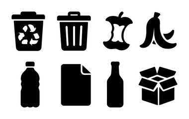 Recycling and waste management icons set - silhouette style sustainability, eco-friendly symbols for environmental awareness: trash, compost, plastic bottle, paper, glass, box