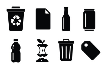 Recycling and waste management solid icons – silhouette style eco-friendly, sustainability, and trash management symbols: recycle bin, paper, glass bottle, can, plastic bottle, apple core, garbage