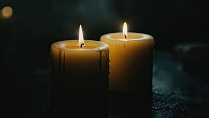Two candles glowing softly in the dark