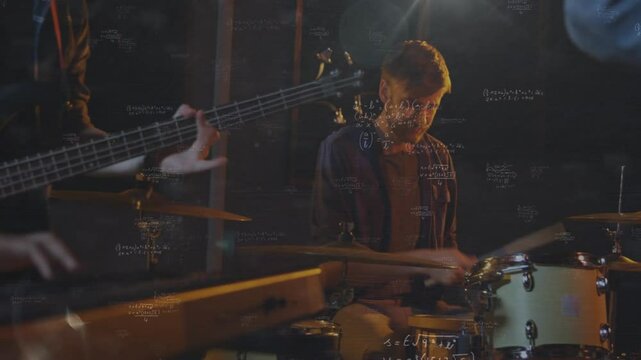 Music drummer jamming in studio with drum kit and bass guitar fingering, overlaying math equations
