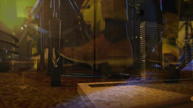 Drummer foot pressing pedal in animated 3D stage scene, showing cymbal stands and light reflections